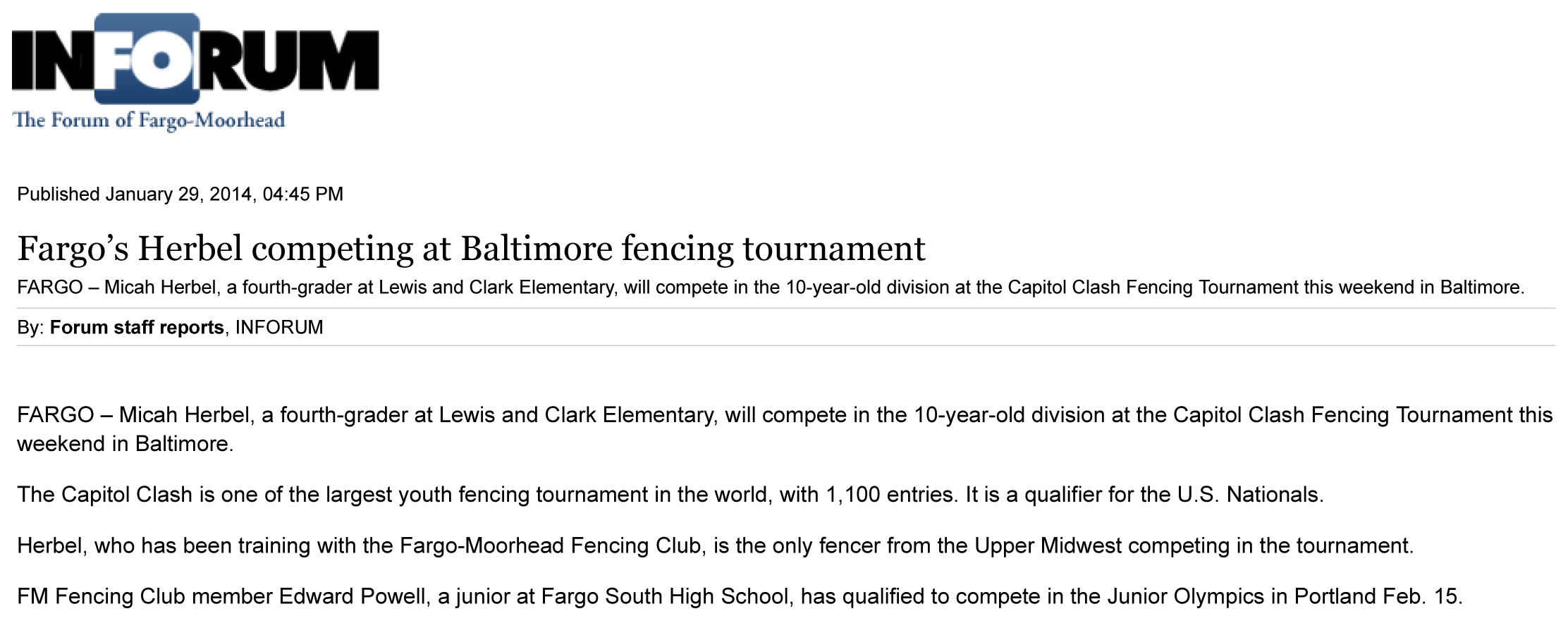 Fargos Herbel competing at Baltimore fencing tournament   INFORUM   Fargo ND